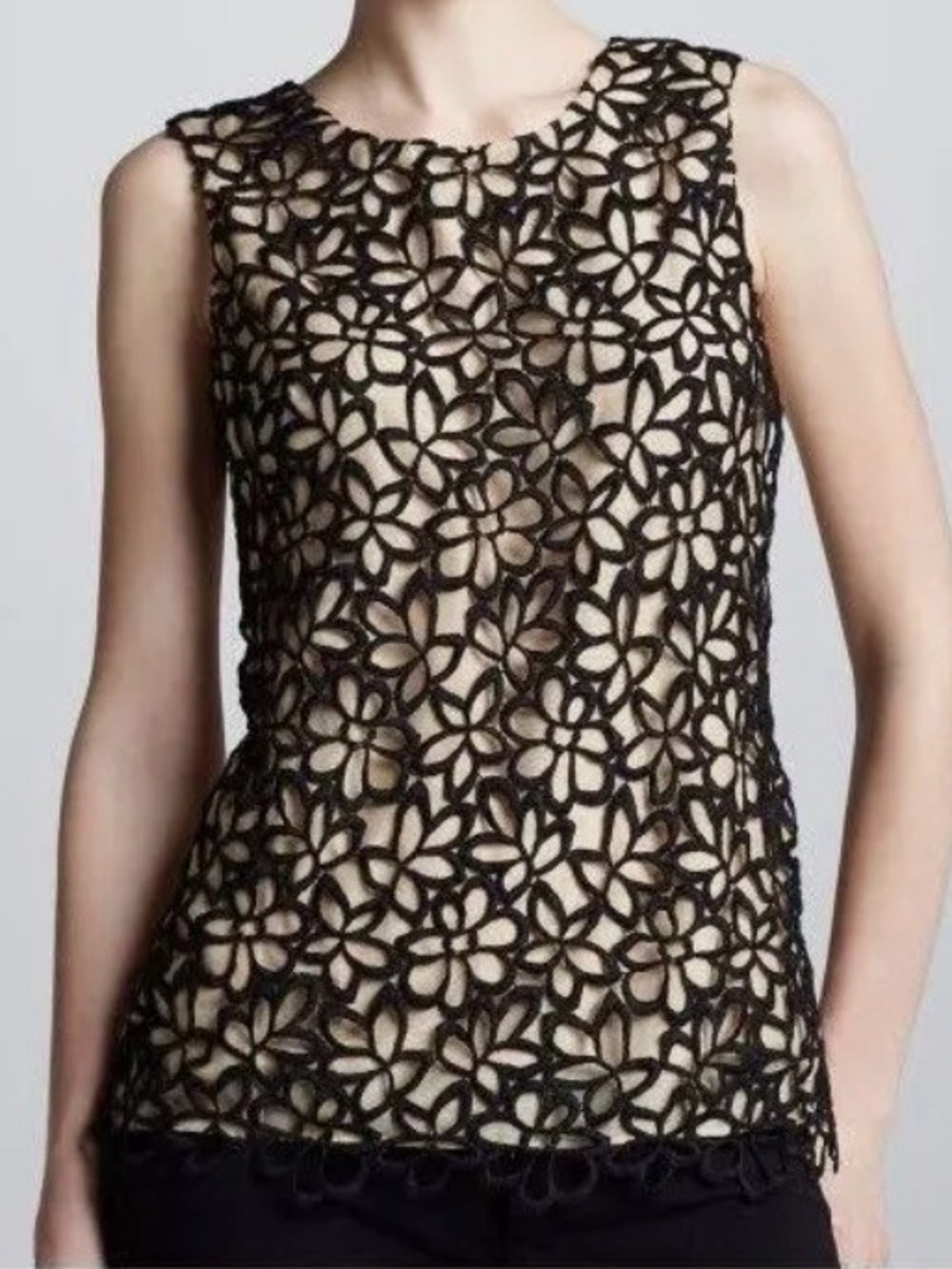 Lela Rose for Neiman Marcus Black Floral Lace Overlay Top with Nude Underlayer